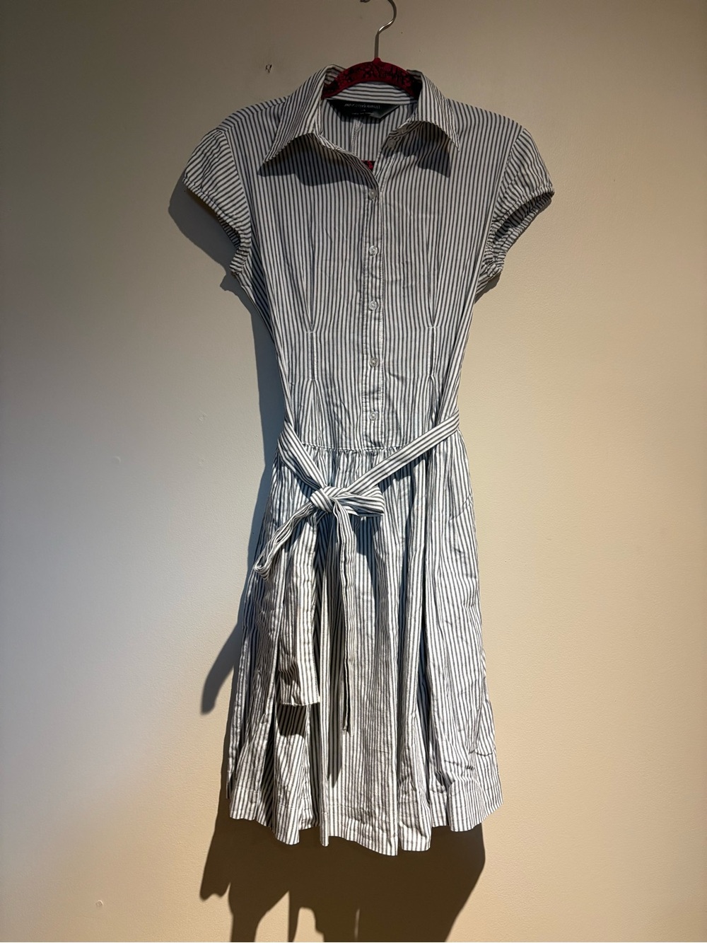Norma Kamali Belted Buttoned Dress White Womens Cotton Striped Print Size Small
